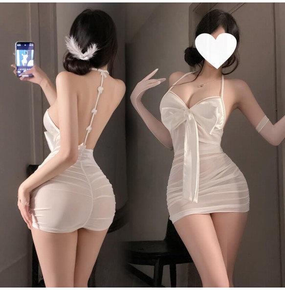 FEE ET MOI - Bow-Decorated Ruched Sheer Nightdress (White)